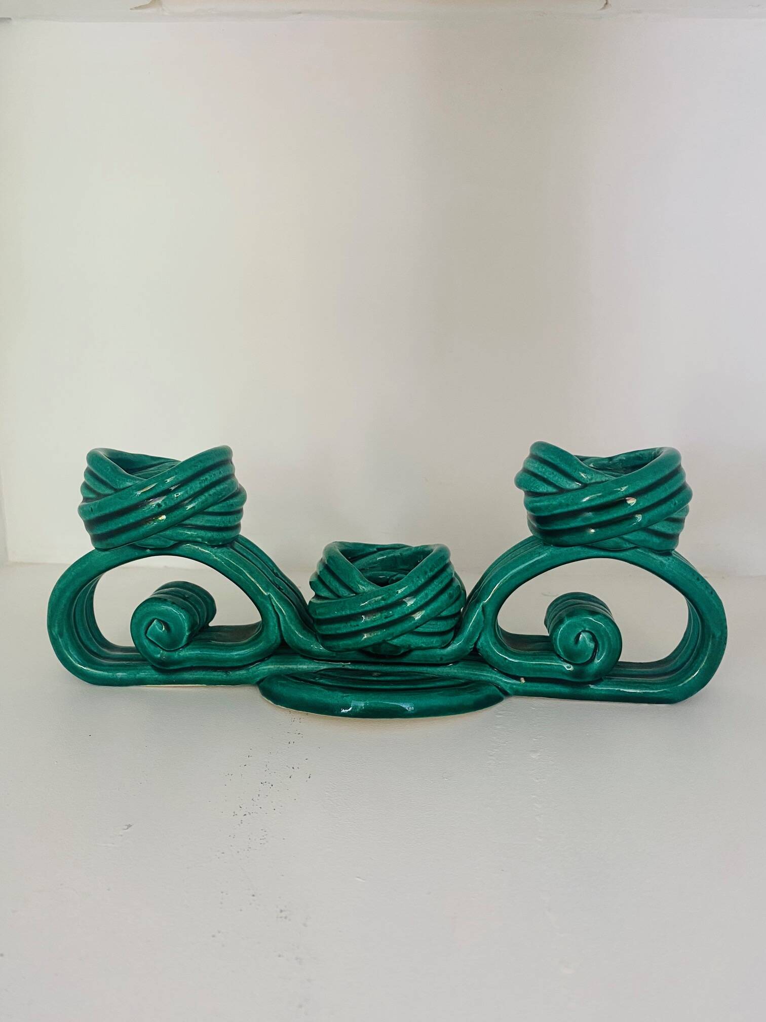 Twisted green ceramic candle holder from Vallauris 1950s