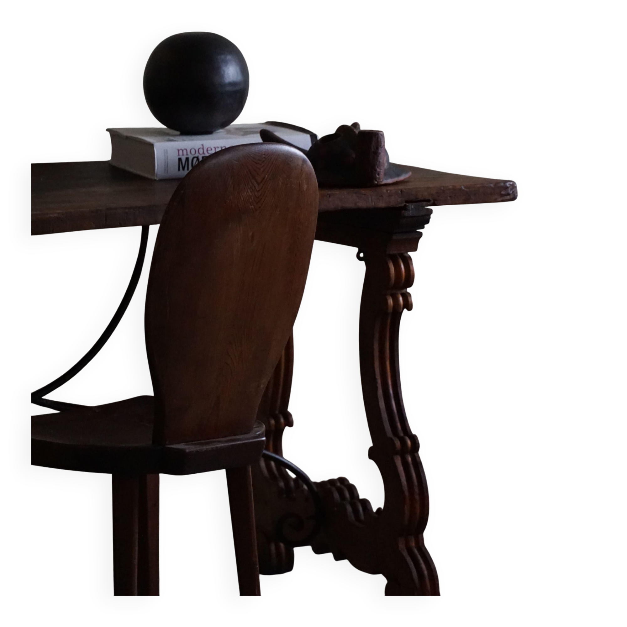 Brutalist table in antique Spanish solid oak and wrought iron, 19th century.