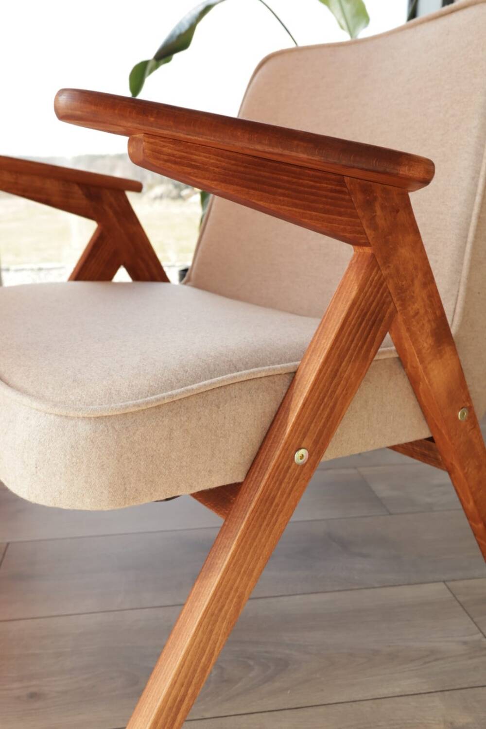 Vintage Lounge Chair Beige Wool Upholstery