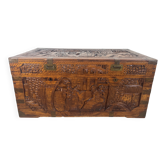 Chinese carved chest made of solid wood — life scenes in bas-relief
