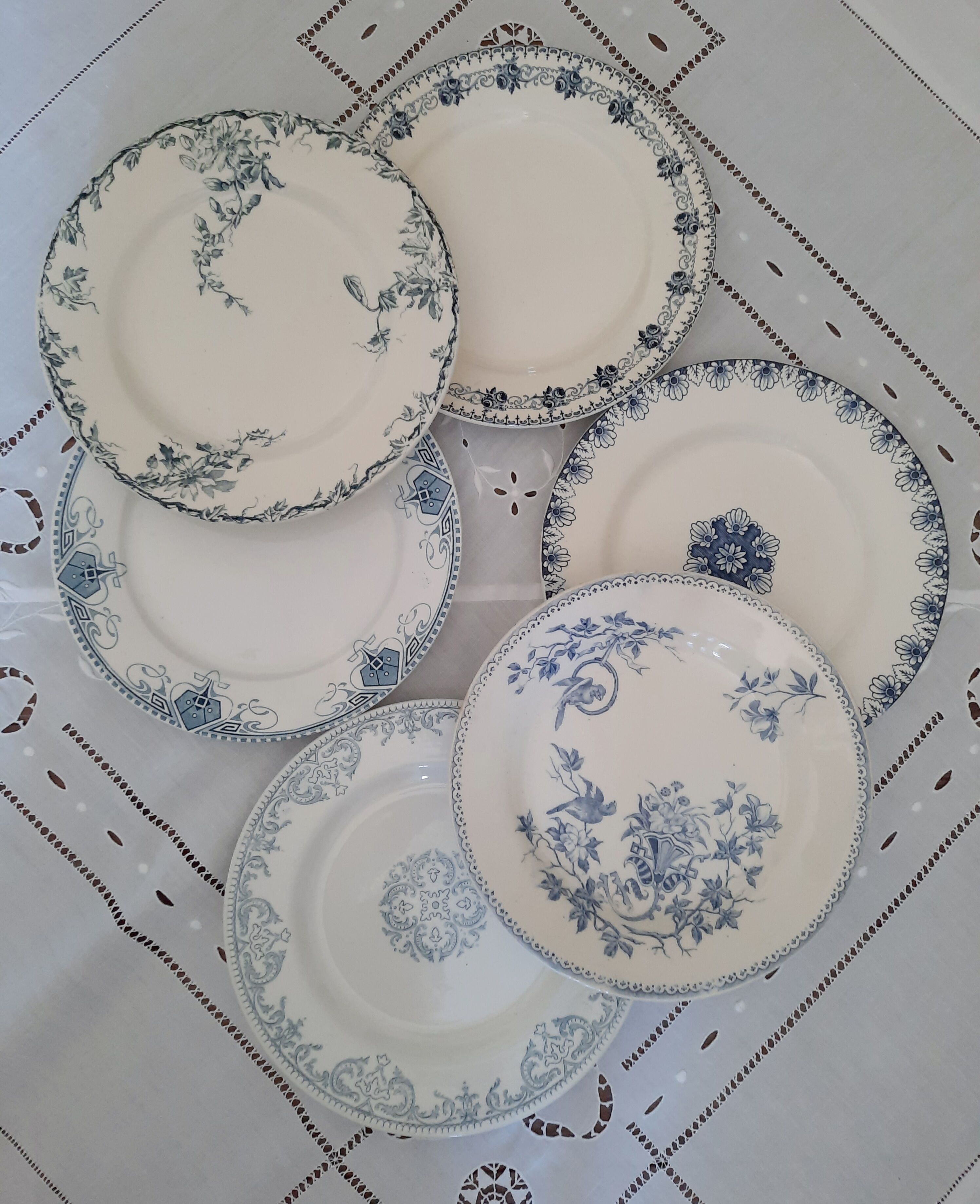 6 old flat plates mismatched iron earth