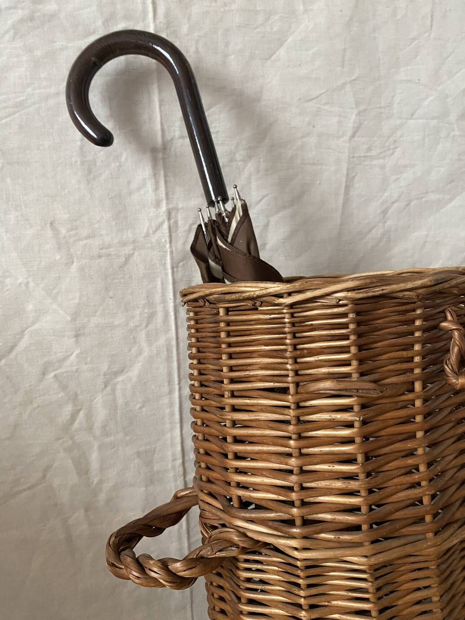 Woven wicker basket, vintage rod holder