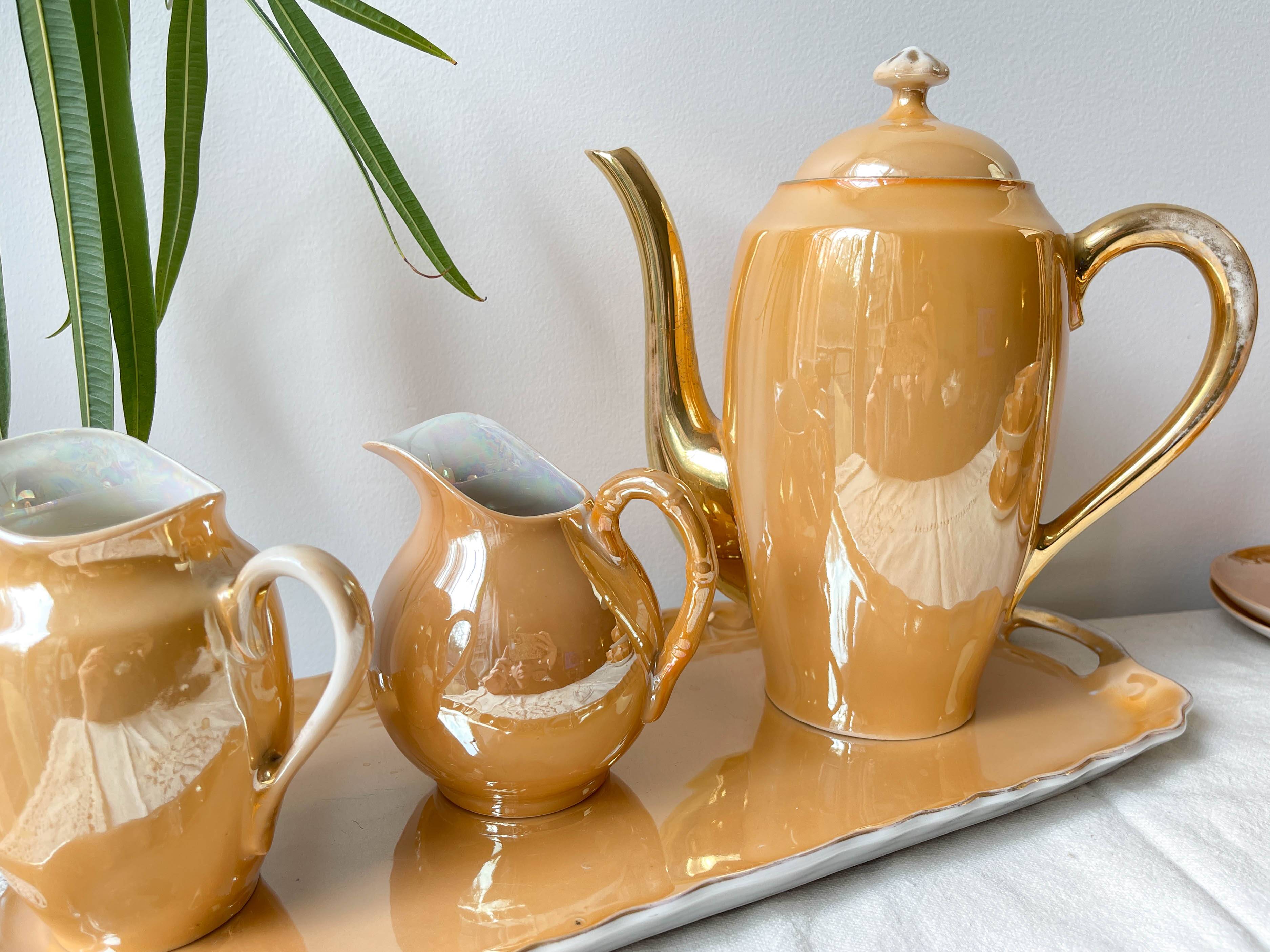 Vintage Czecho-Slovakia Victoria China Iridescent Peach Lustre Tea Set 1950s