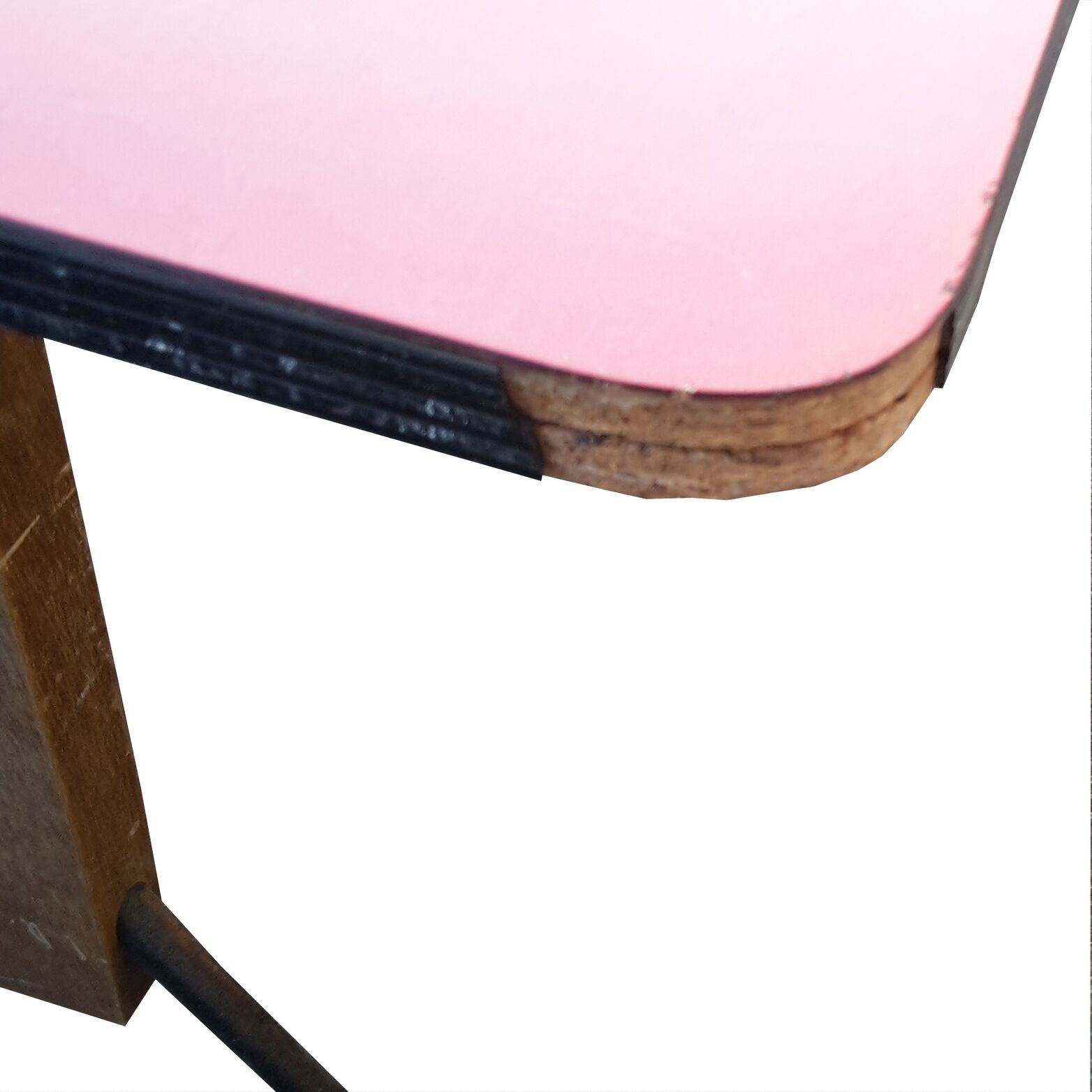 bistro table, red formica tray, black steel compass feet