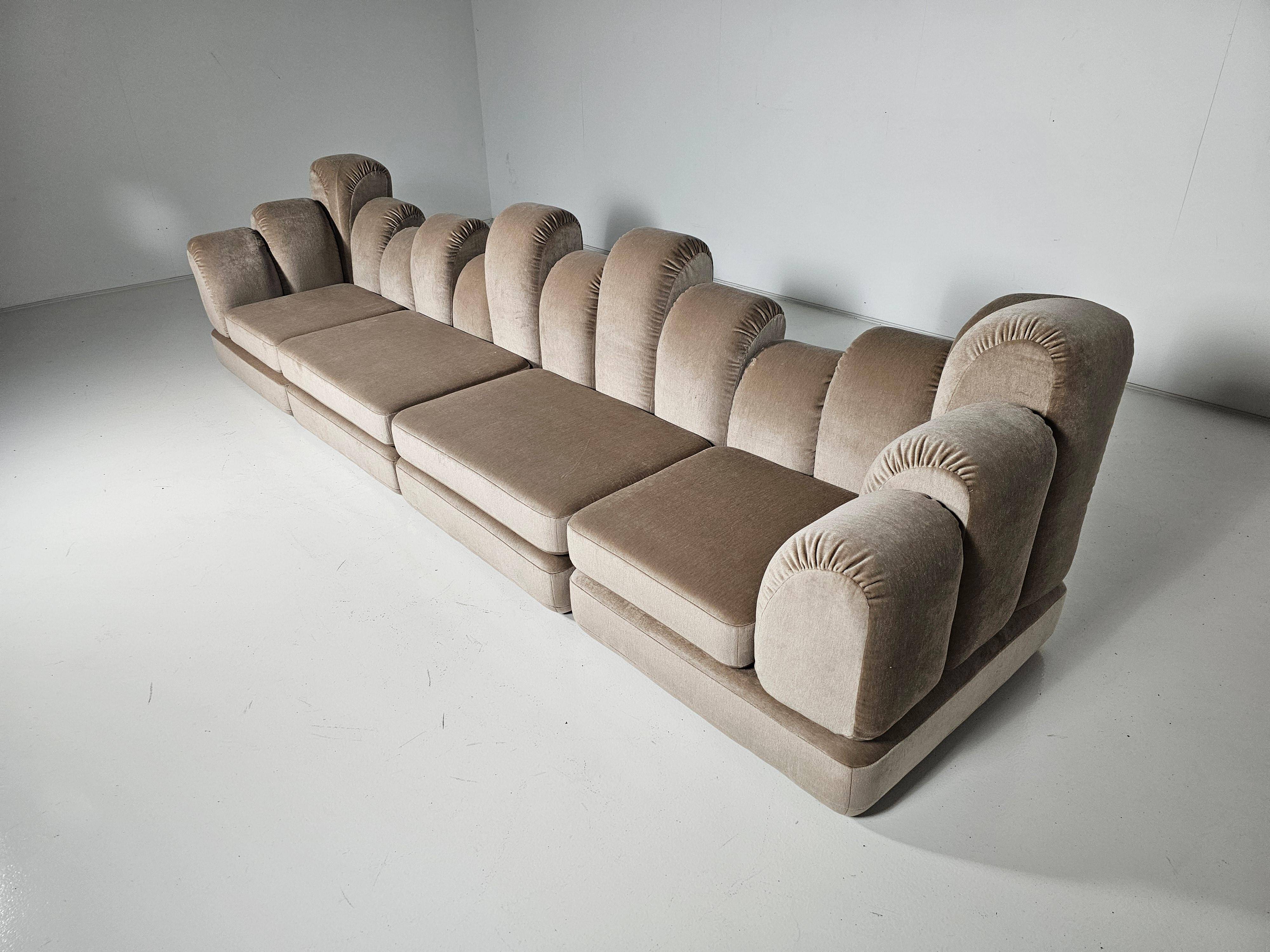 Beige mohair velvet sectional sofa by Hans Hopfer, Roche Bobois.