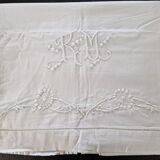 Old linen sheet - encrypted rm - with openwork border and embroidered with flowers - dimensions: 300x220cm
