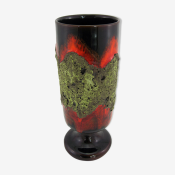 Vase mazagran en céramique Fat Lava - émaux rouge, marron et vert - Vallauris France - vintage 60's