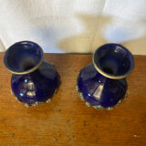 Pair of antique cobalt blue ceramic vases + vintage metal decor