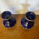 Pair of antique cobalt blue ceramic vases + vintage metal decor