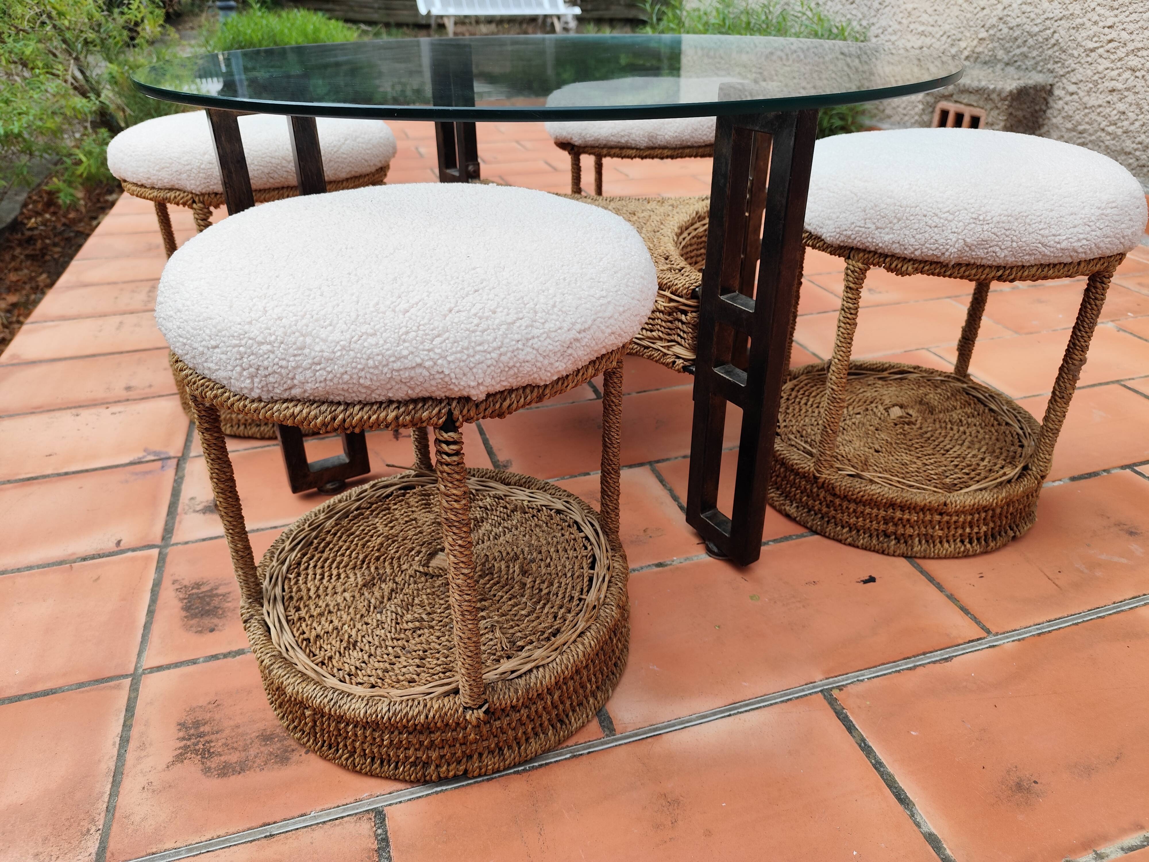 Vintage 1970s rope & rattan coffee table and 4 stools
