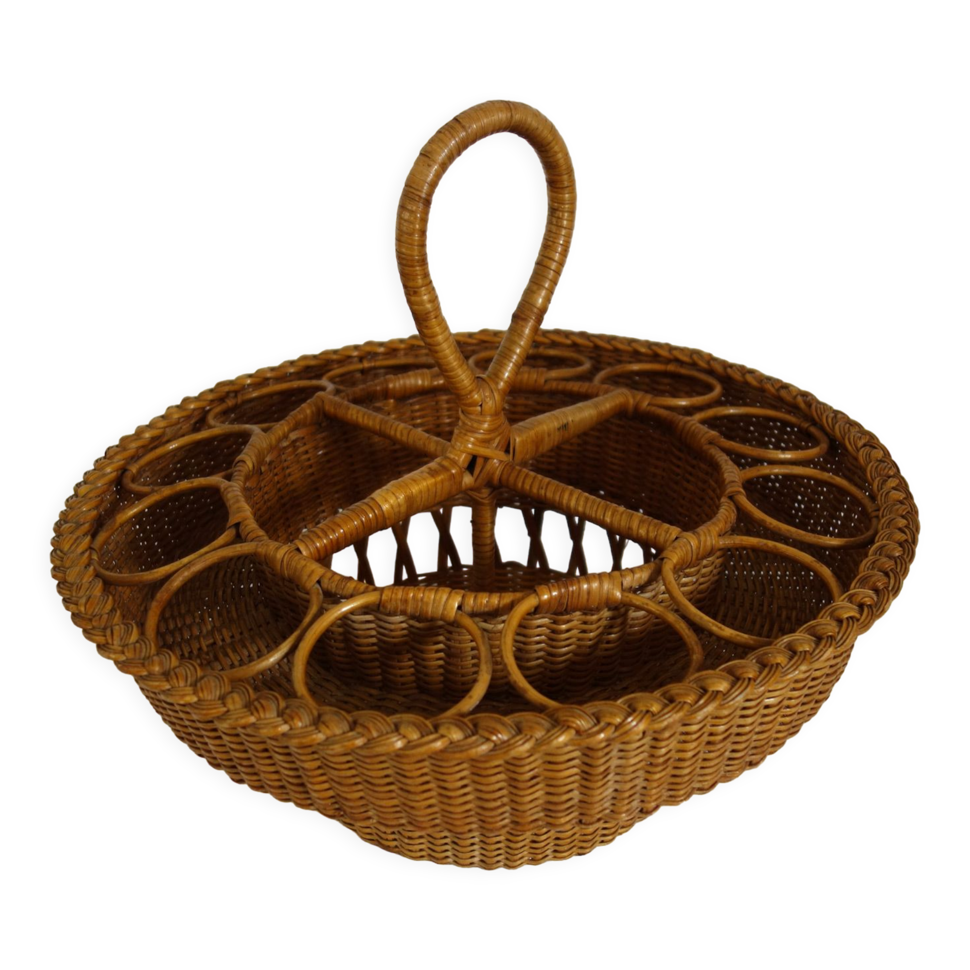 Old bottles and glasses holder wicker vintage aperitif