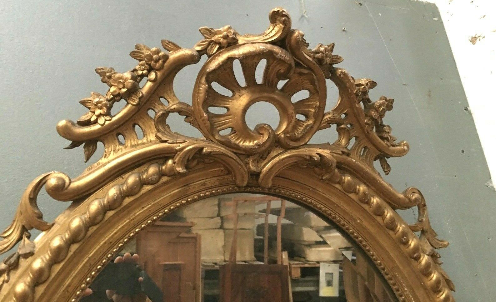 Oval mirror with wooden pediment and gilded stucco oval ice beveled Napoleon III - 80x120cm