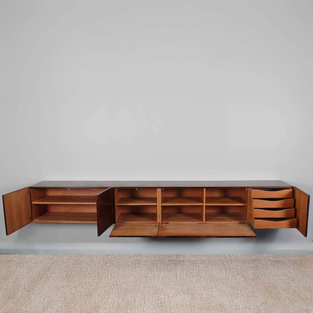 Large wall-mounted sideboard in Rio rosewood from the 1960s