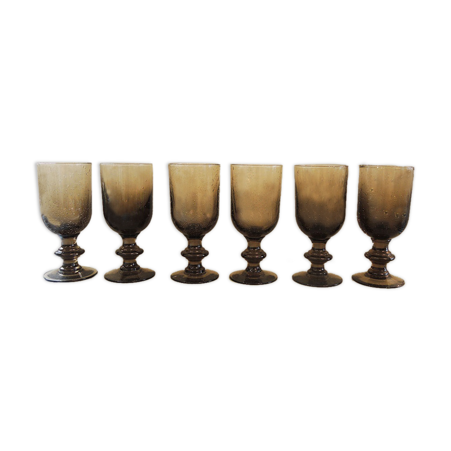 6 vintage glass foot glasses in smoked bullé from Biot