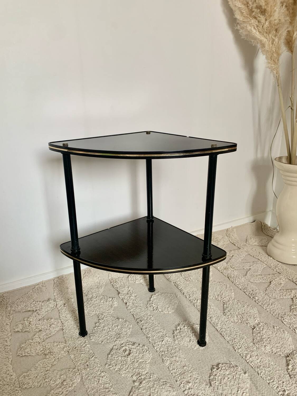 Pair of vintage 1960s side tables – wood veneer & brass, metal legs
