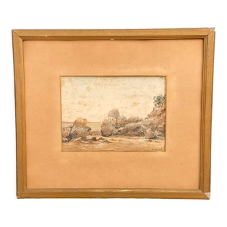 Watercolor on paper by L. Lathoud Ville-ès-Martin Rochers Saint-Nazaire Late nineteenth