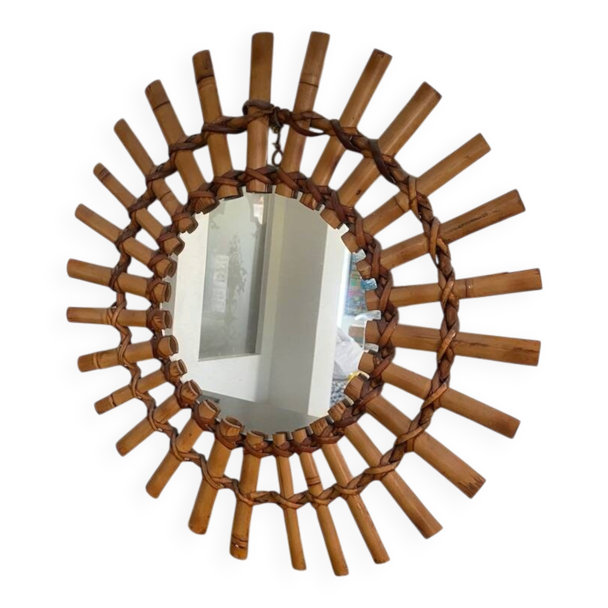 Miroir soleil bambou et rotin 1950