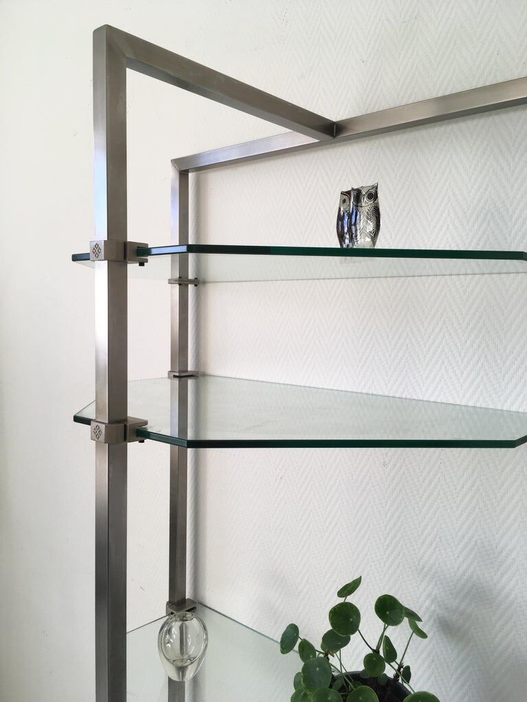 Stainless steel and glass wall shelf, bookcase by Peter Ghyzy, model pioneer