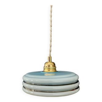 Vintage lampshade pendant light in blue opaline with silver edging