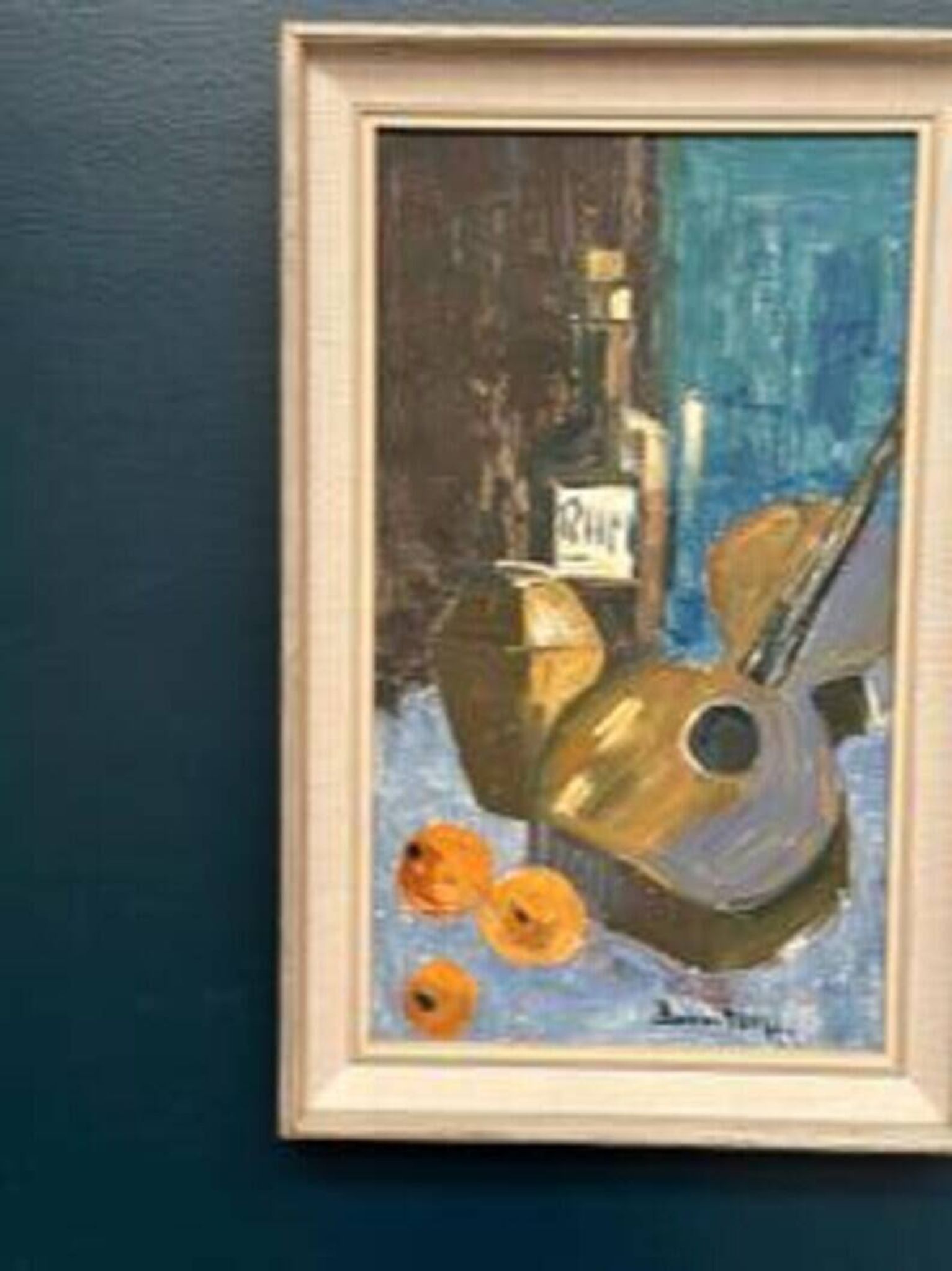 Original Swedish Oil on Canvas – "Guitar and Rum" – Signed – Vintage and Framed – 53 × 34 cm (20.9" × 13.4")