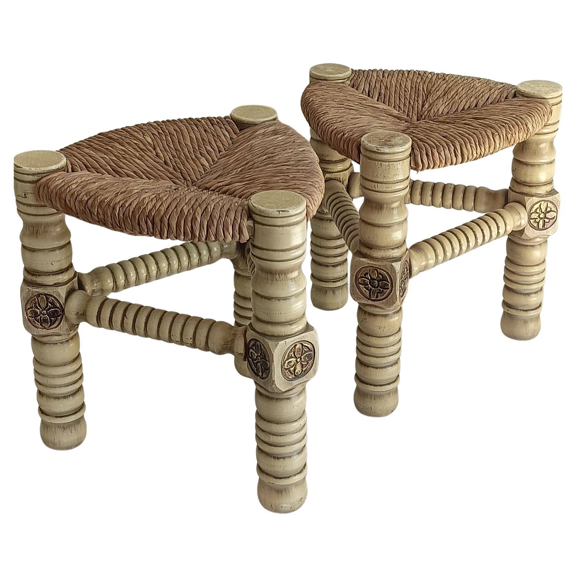 Brutalist Hand-Carved Wood and Fiber Stools, Belgium, Circa 1960s
