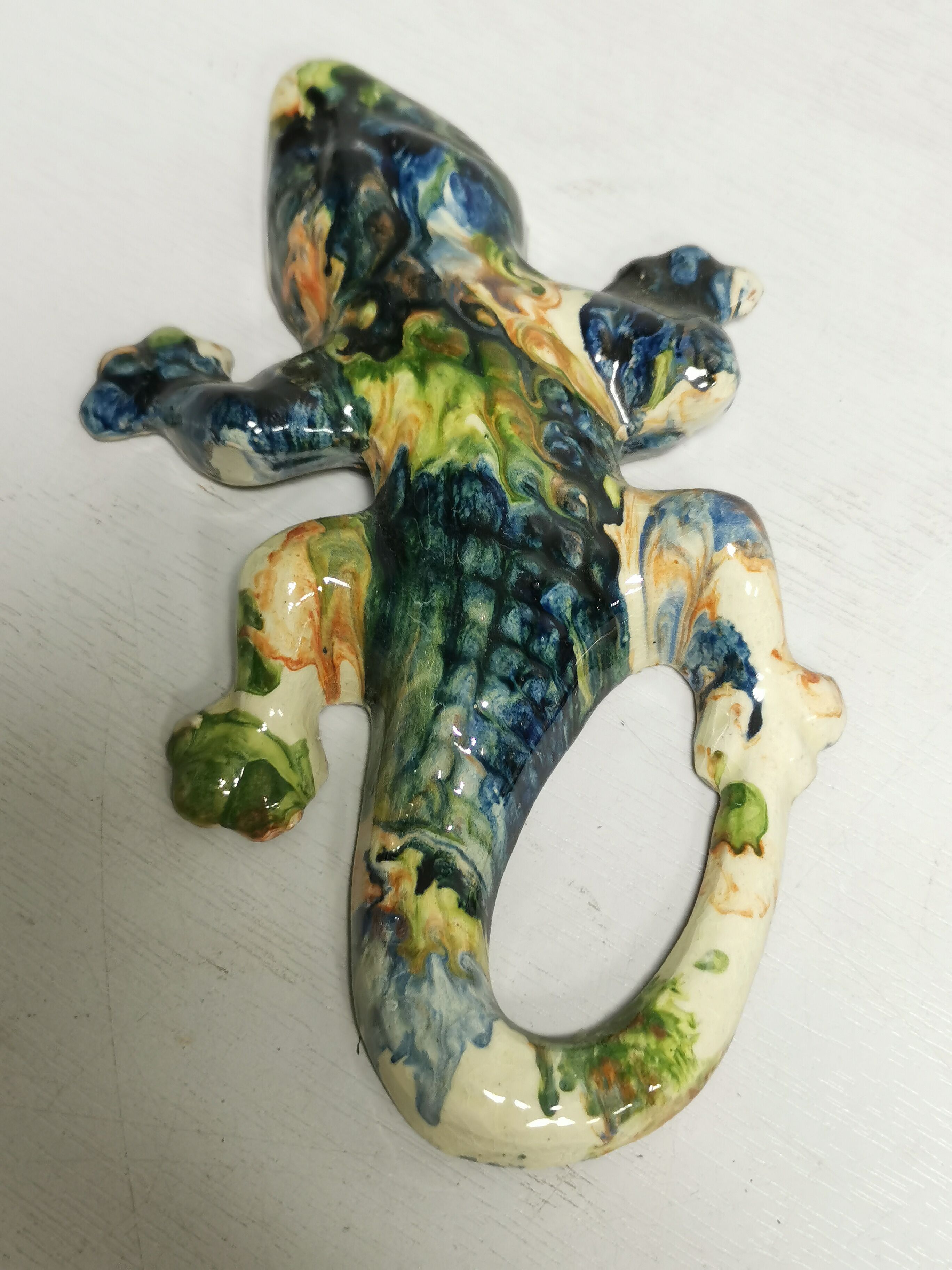 Set of 2 enamelled terracotta lizards, vintage wall decor