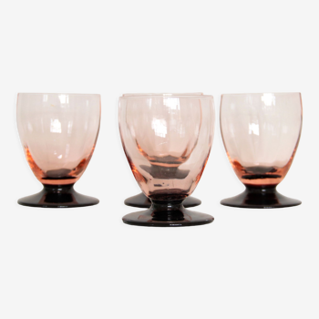 Set of 4 art deco wine or water glasses facet pink and black colored foot