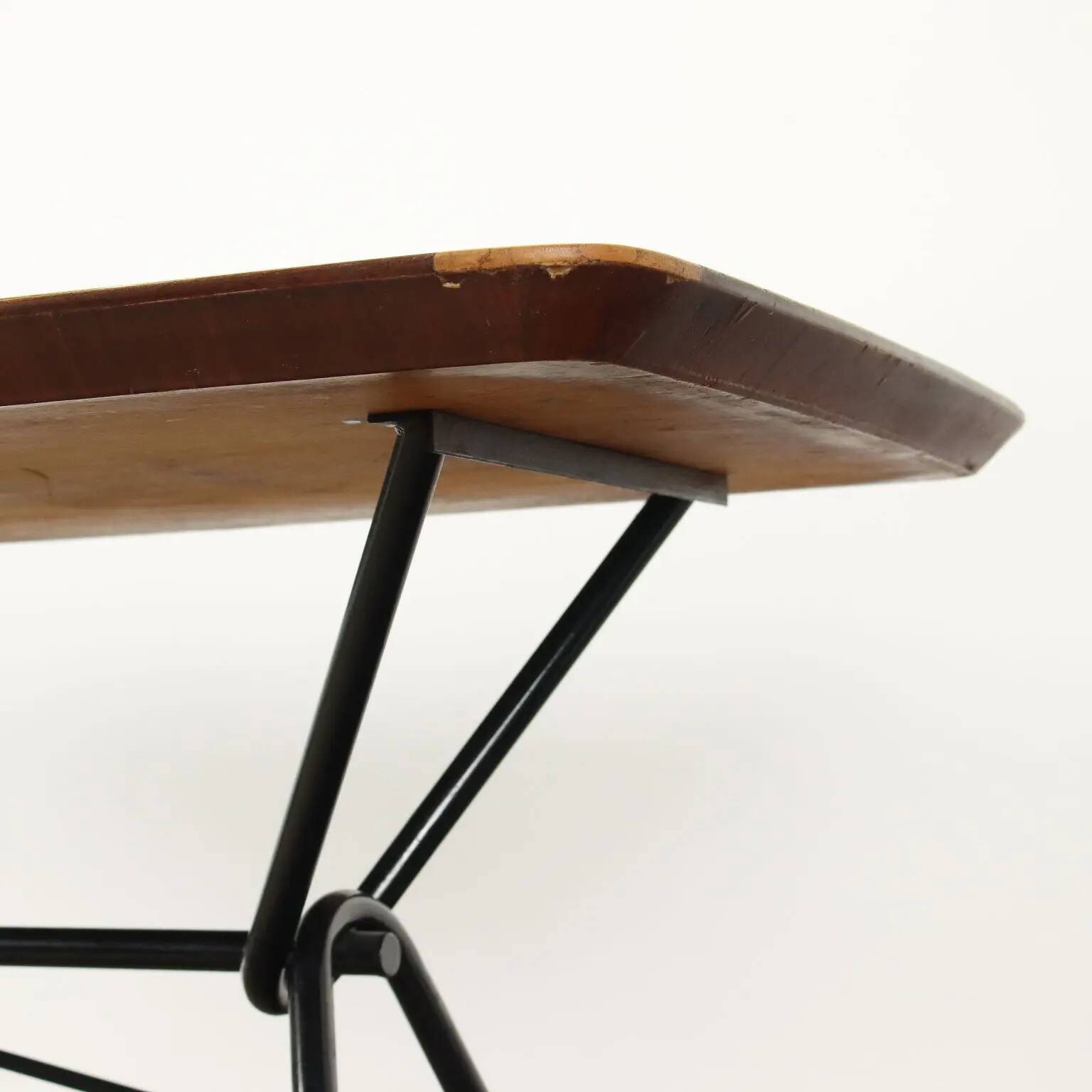 1960s vintage table made of wood and metal with a glass top, Italy.
