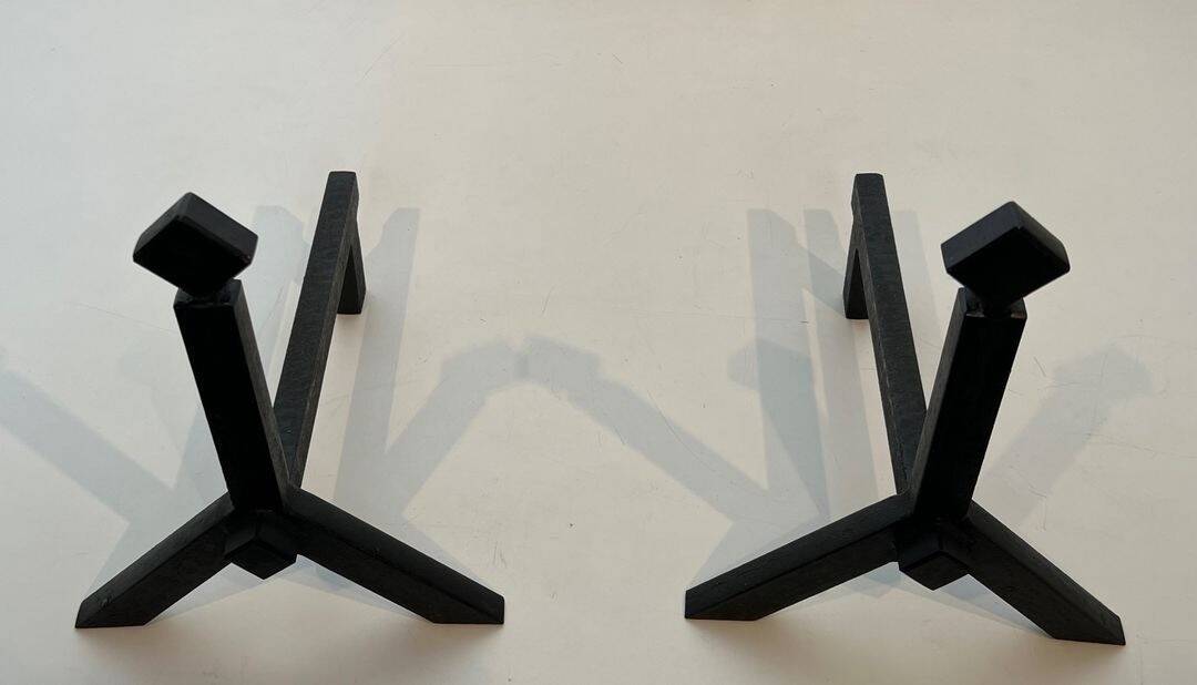 Pair of Modernist Black Iron Andirons with Diamond Finials and Angled Bases