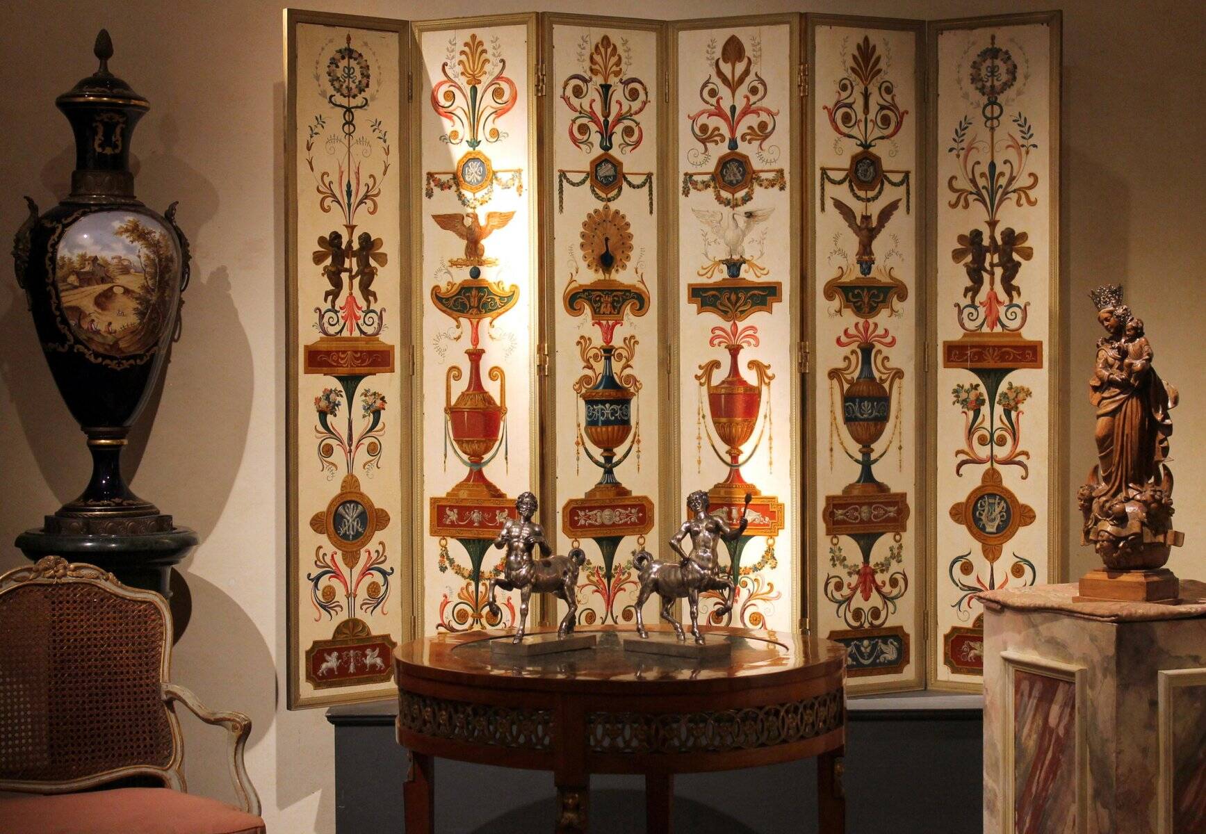 19th Century Italian Six-Panel Painted Wood Folding Screen in Gilt Bronze Frame