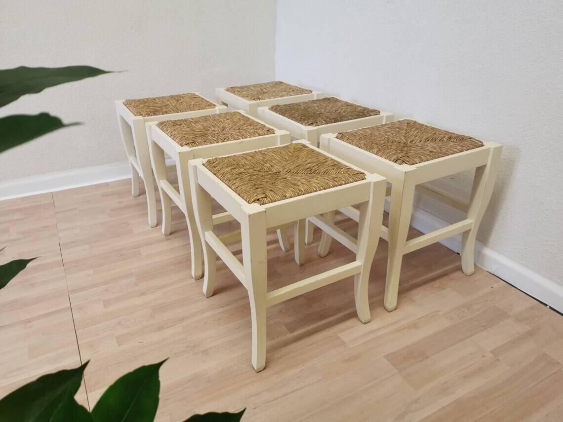 Set of 6 Vintage White Wooden Stool 1970s Boho Thatched Seat