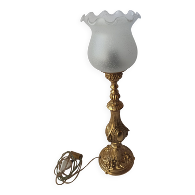 Lampe ancienne bronze doré médaillon tulipe gravé 47 cm décoration intérieure