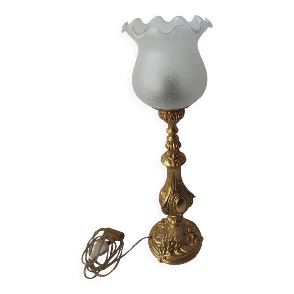 Lampe ancienne bronze doré médaillon tulipe gravé 47 cm décoration intérieure