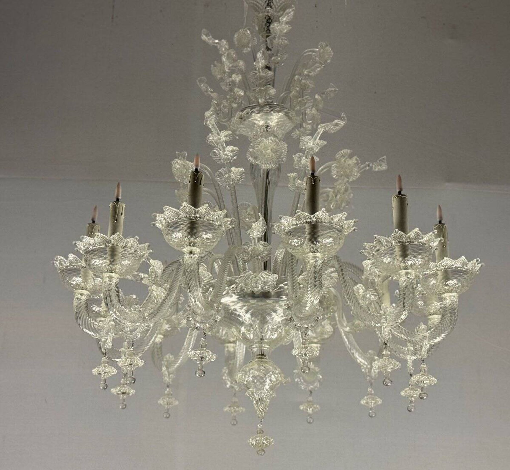 Venetian chandelier in colorless murano glass, 12 light arms, circa 1900