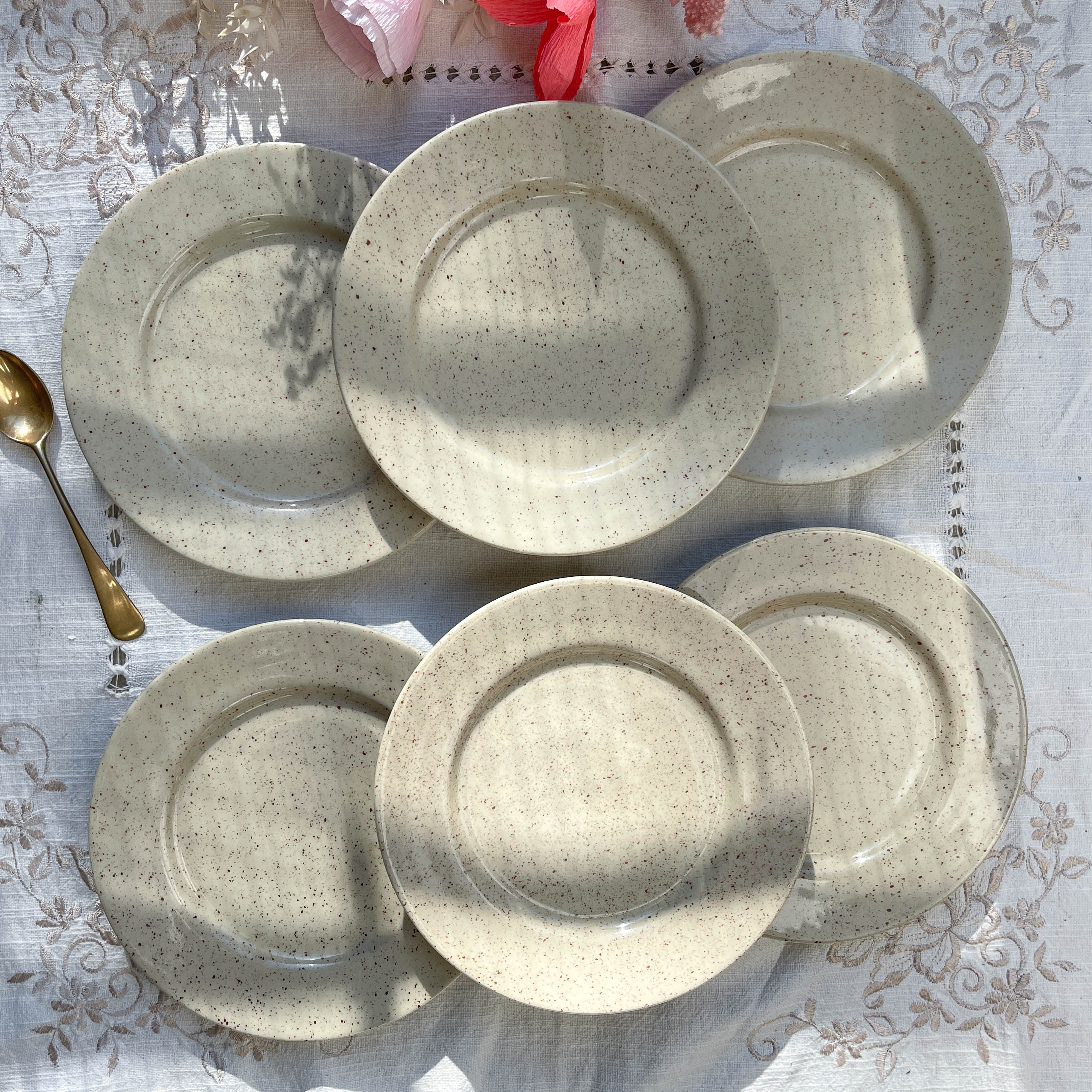 Set of 6 speckled grey stoneware plates 1970