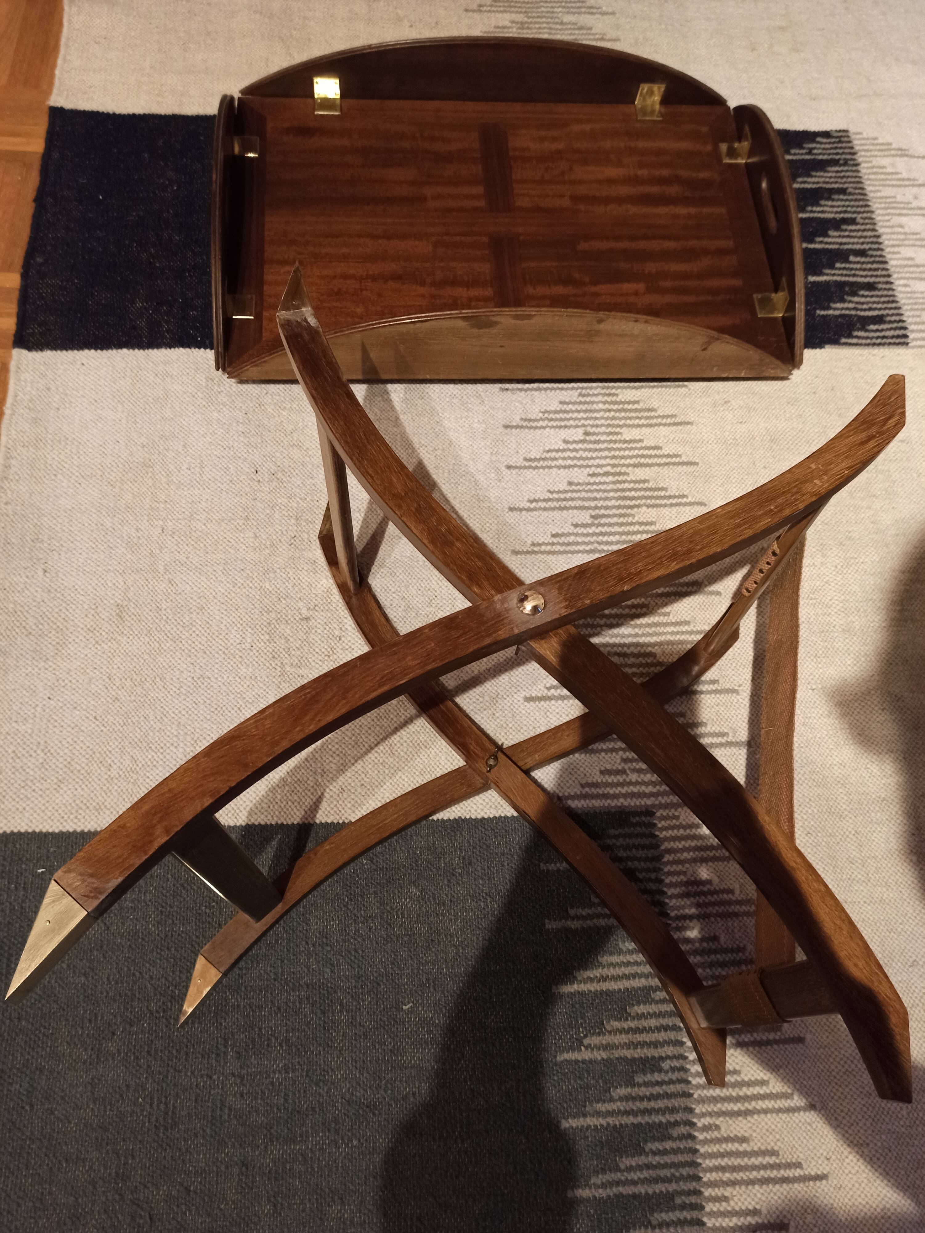 Folding coffee table type Butler marine boat wood and brass mahogany
