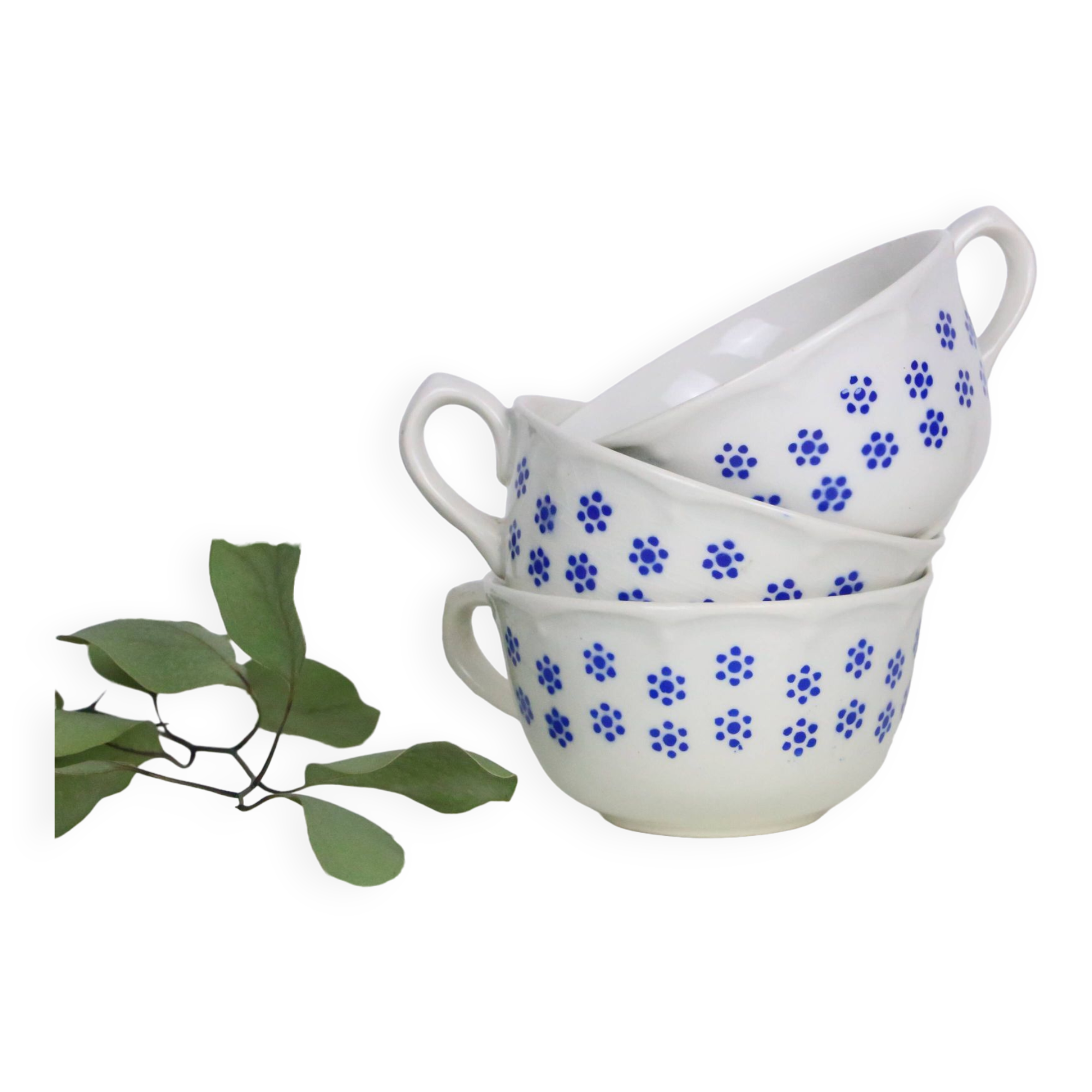 Set of 3 chocolate cups, beige and blue, Boch La Louvière, vintage