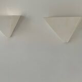 Pair of vintage geometric wall lights, white lacquered metal, France 1970