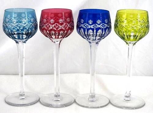 Saint Louis Traminer 4 glasses Rhin Roemer crystal, signed colour, excellent condition.