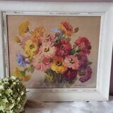 Shabby watercolor frame "Bouquet of zinnias" signed