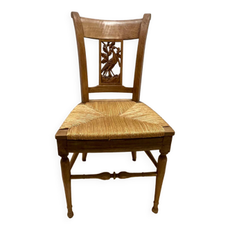 19th century straw chair back with carved peacock