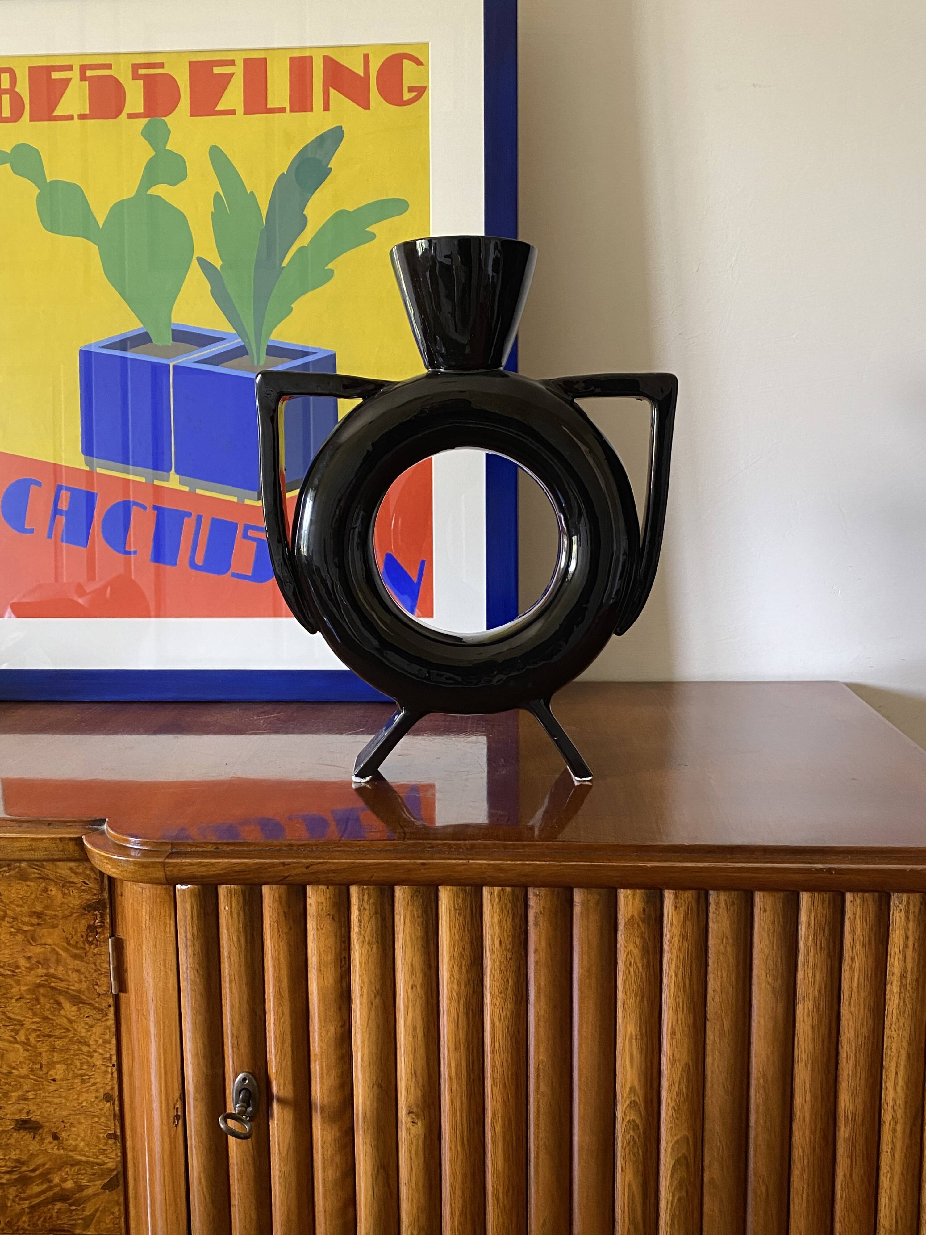 Organic modern black ceramic vase, Italy 1980s