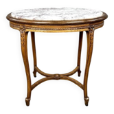 Table guéridon ovale en bois sculpté et marbre, style Louis XVI, XIX Siècle