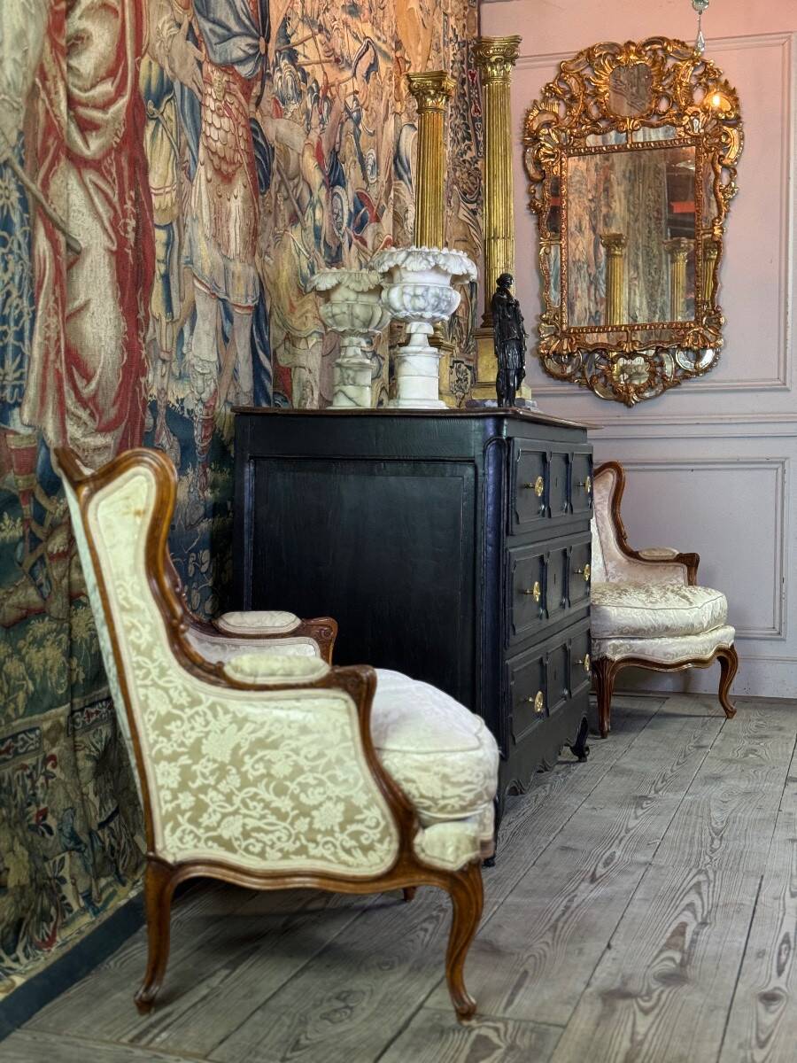 Louis XV oak chest of drawers, black patina, 18th century