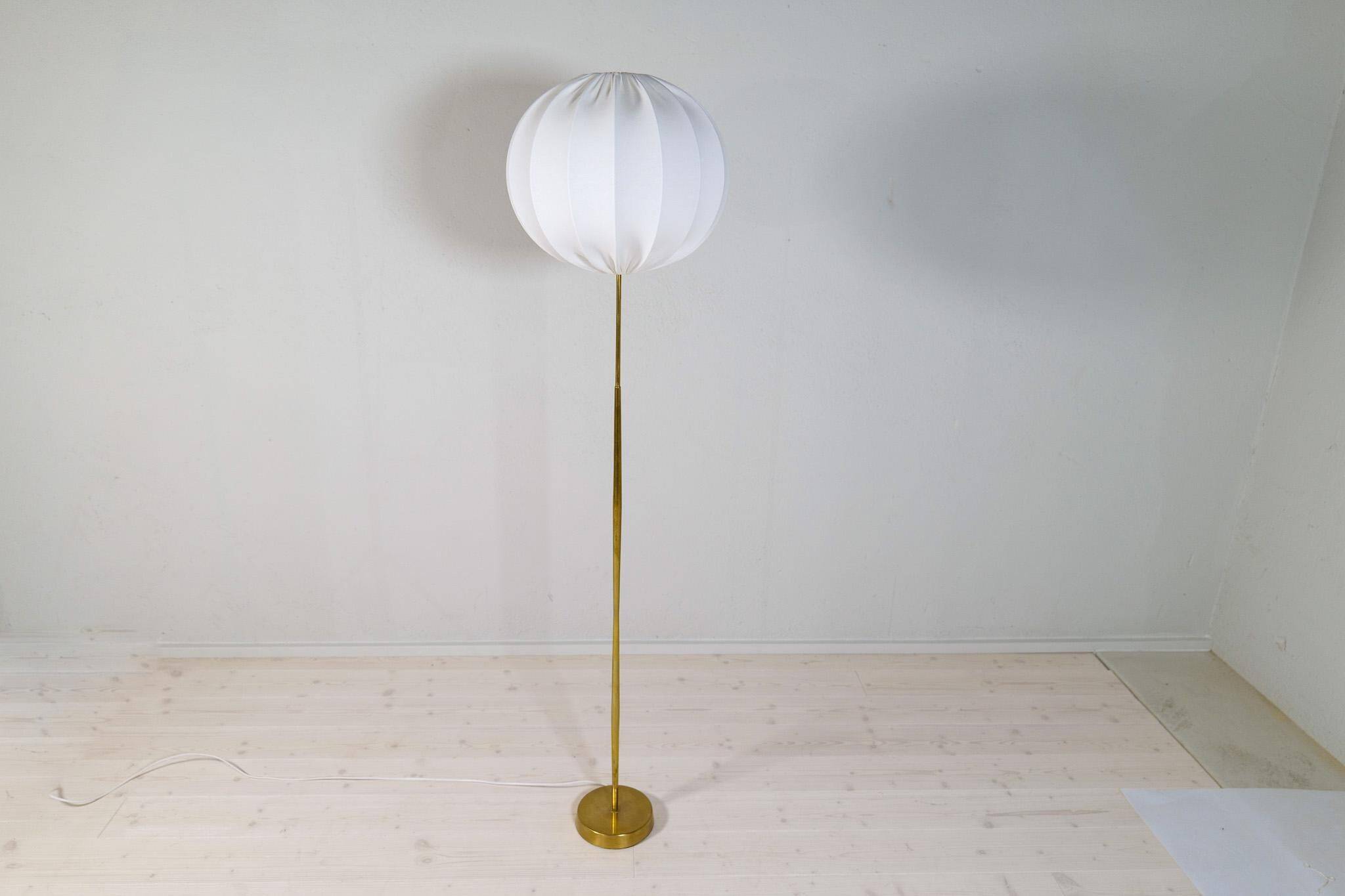 Modern mid-century brass floor lamp ASEA with round cotton shade, Sweden, 1960s