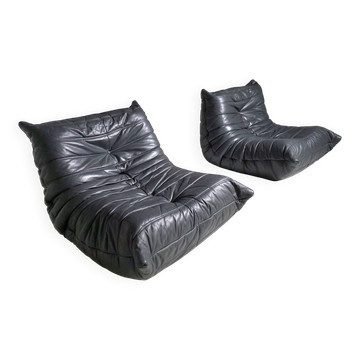 Pair of grey/blue Togo chairs by Michel Ducaroy for Ligne Roset, 1980s