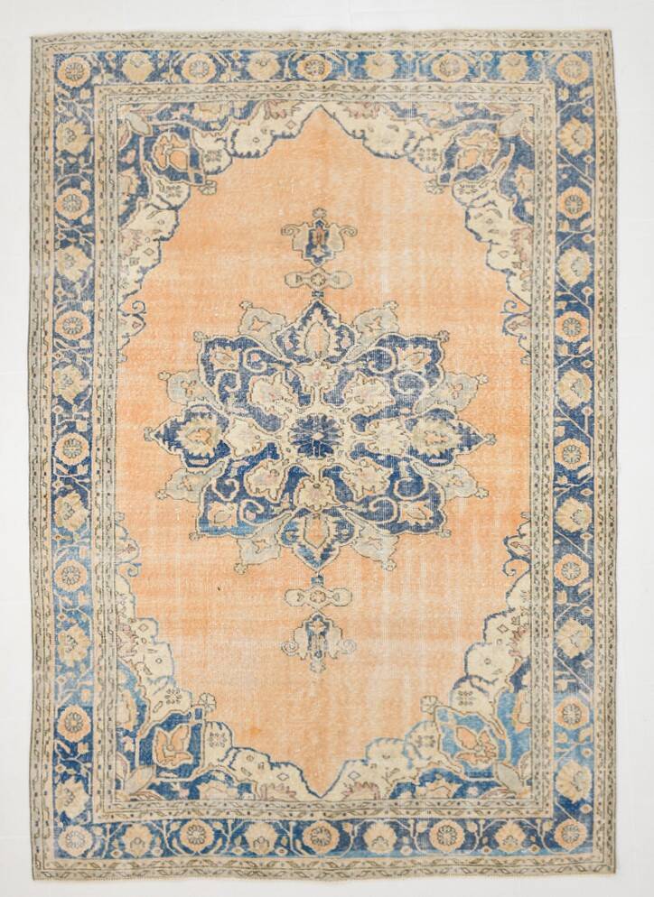7x10 Orange and Blue Vintage Persian Rug, 206x294 Cm