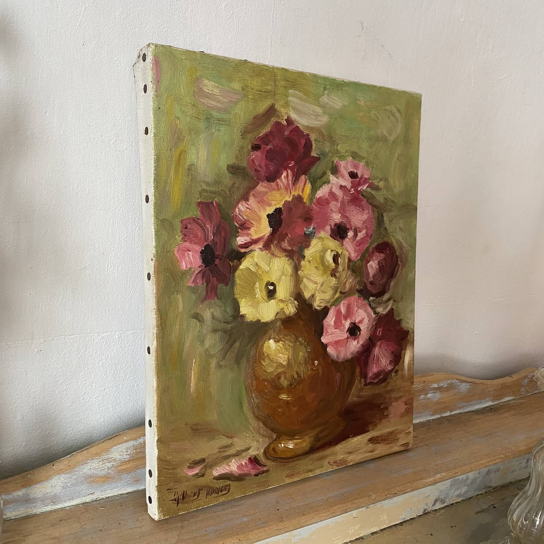 Painting bouquet, oil on canvas on frame flowers 35X27.