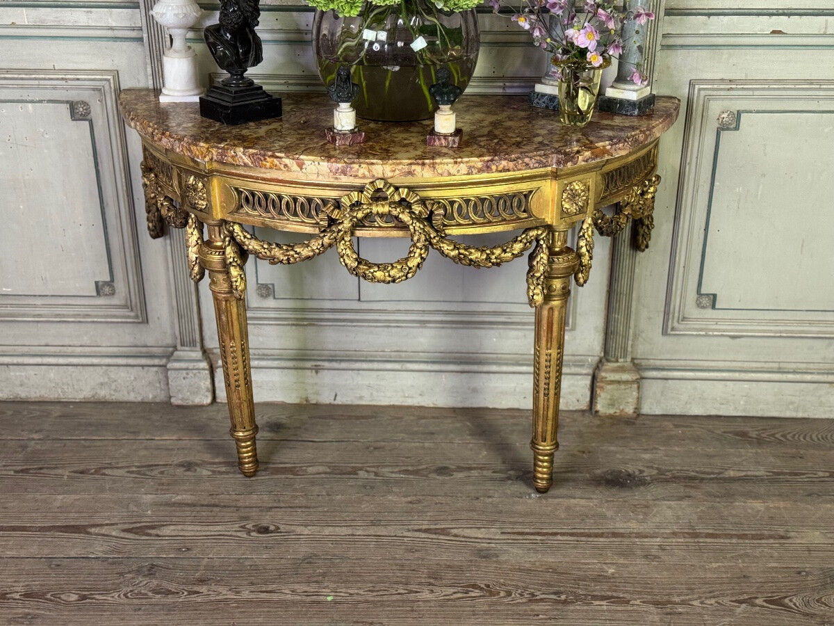 Louis XVI console table in carved and gilded wood, Jura brocatelle marble, 18th century