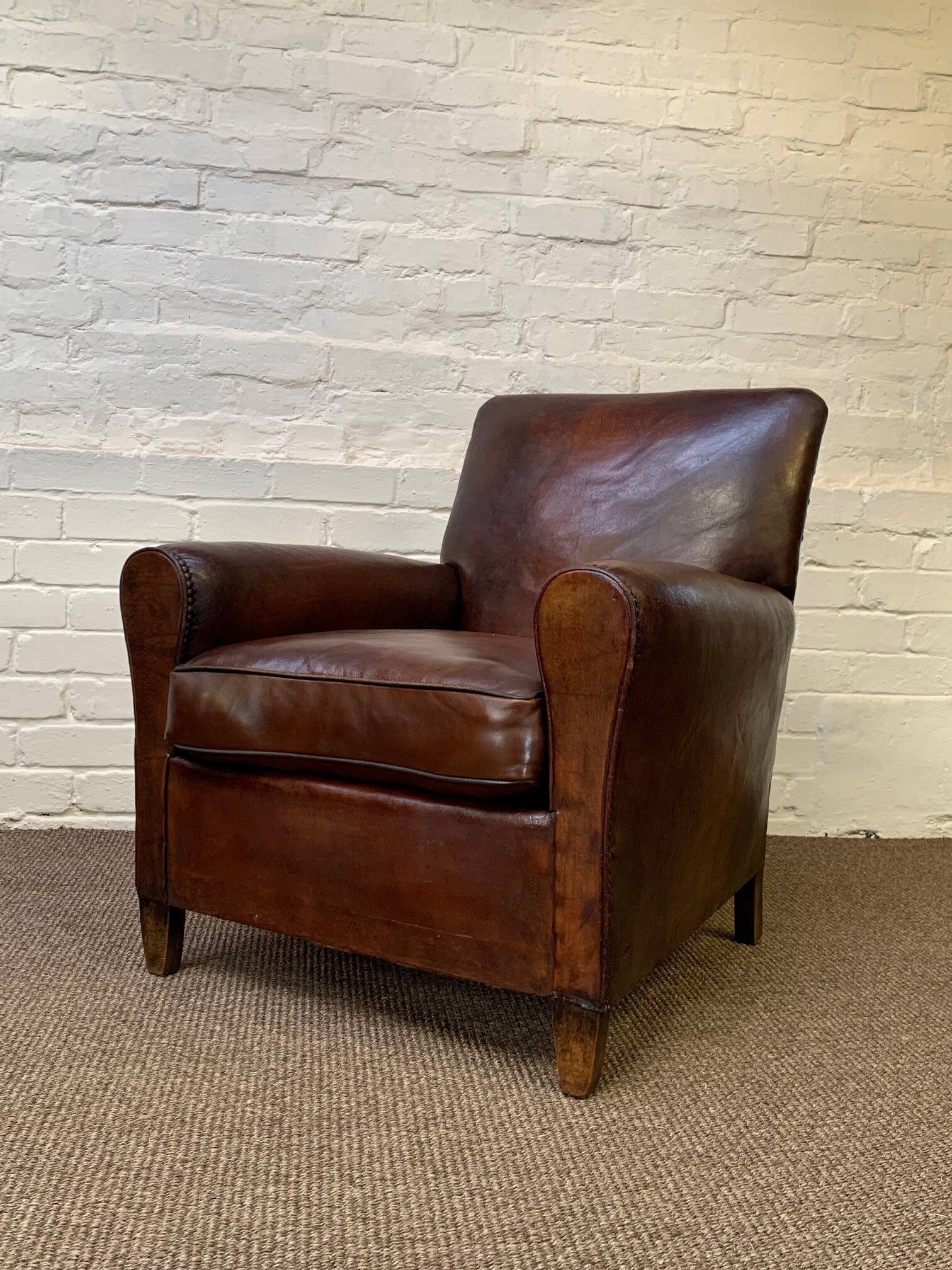 Antique Leather Club Chair, Normandy Model, Circa 1920's